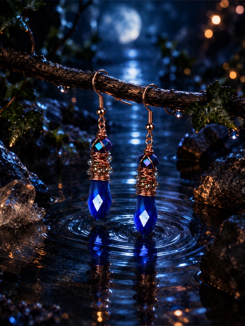 Blue Austrian Crystal Hammered Copper Chaos Wrapped Earrings Artisan Designed - Picture 8 of 17